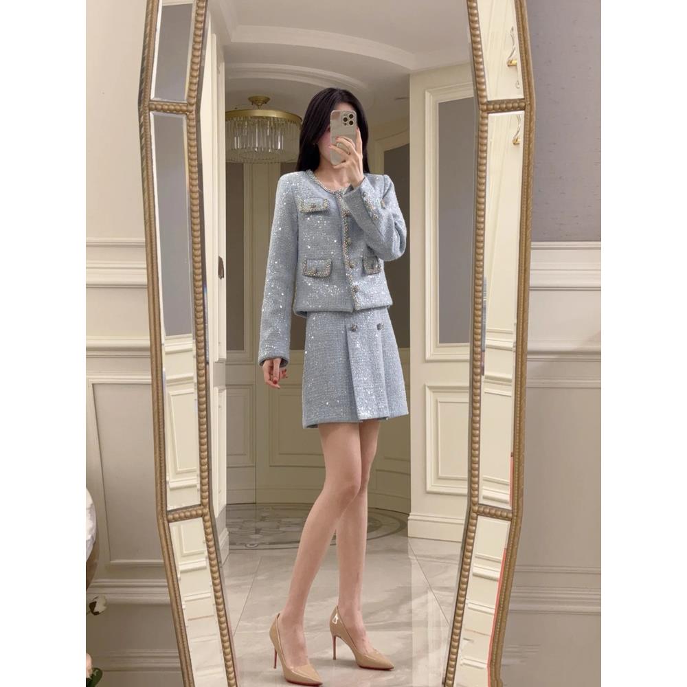 self-stride 2025秋冬薄雾蓝闪光亮片小香风上衣外套修身短裙套装