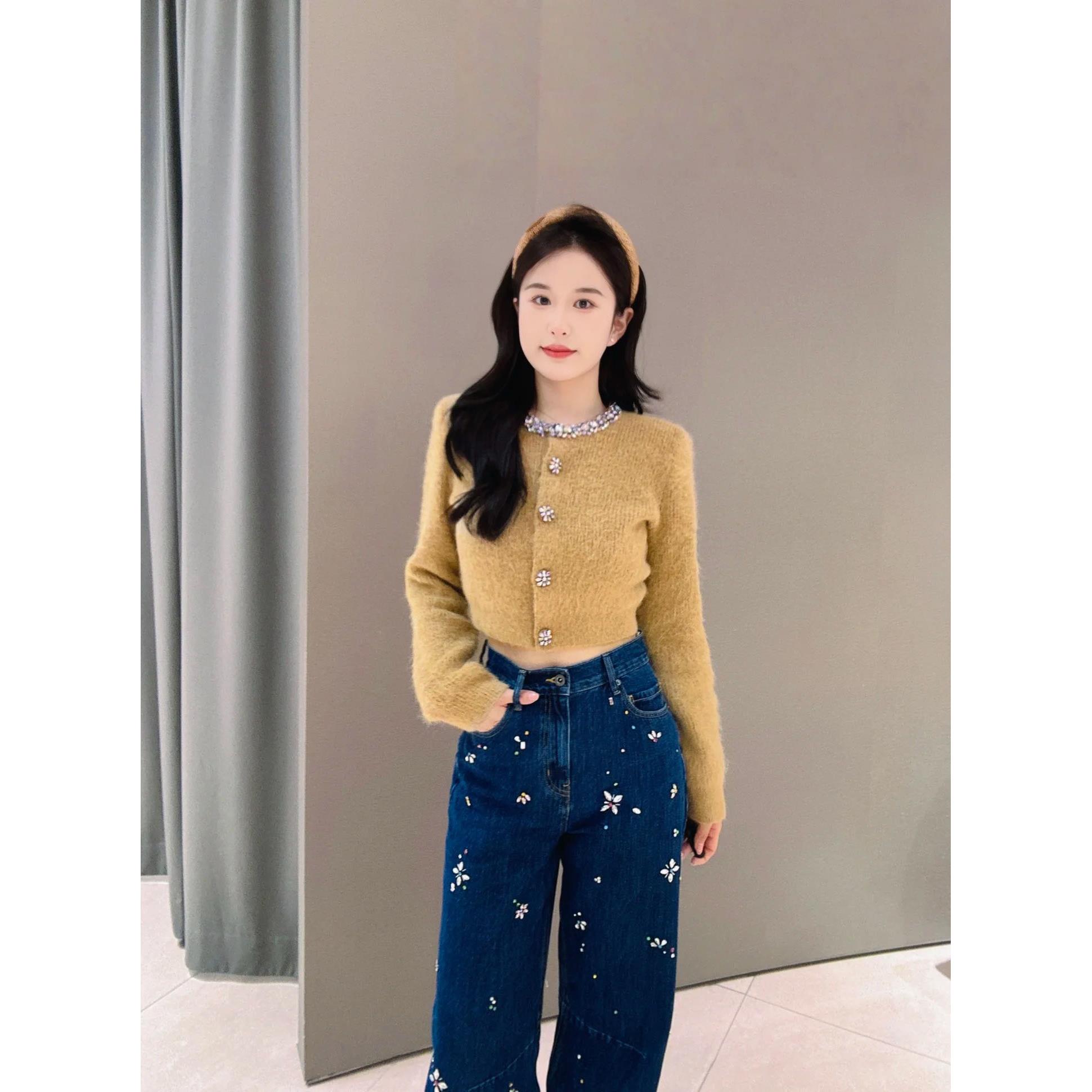 self-stride 2025秋冬新款时尚浅咖色彩钻羊驼毛混纺针织外套上衣