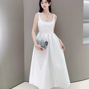 白色塔夫绸吊带镶钻优雅背心连衣裙长裙 2025新款 self stride