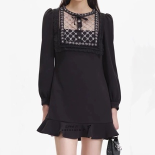 黑色串珠蝴蝶结荷叶边裙摆长袖 2025新款 连衣裙短裙 stride self