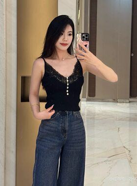 self-stride 2025新款黑色小纯欲气质百搭蕾丝吊带针织背心上衣女