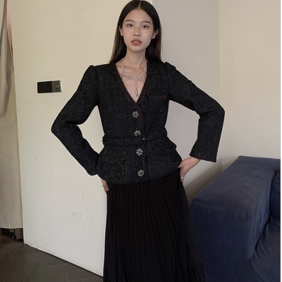 黑色小香风粗花呢V领长袖收腰拼接蕾丝气质百褶连衣裙女士显瘦