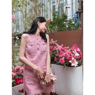 【赵丽颖同款】self-stride 2025粉红色小香风甜美无袖蕾丝连衣裙