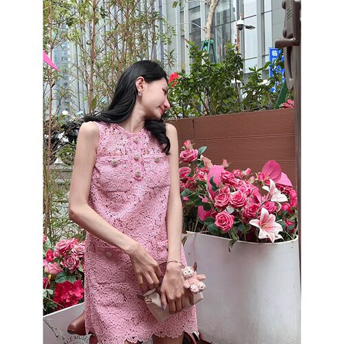【赵丽颖同款】self-stride 2025粉红色小香风甜美无袖蕾丝连衣裙