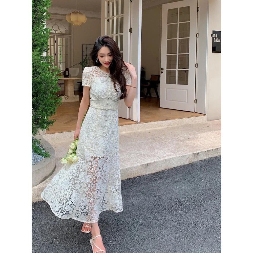 self-stride 2025象牙白钻饰蝴蝶结长裙修身显瘦御姐蕾丝连衣裙女