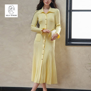 显瘦洋装 奶油黄V领法式 针织气质修身 长版 优雅花瓣袖