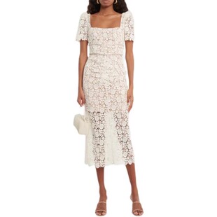 腰部镶钻气质显瘦连衣裙 2025白色方领精致蕾丝短袖 self stride