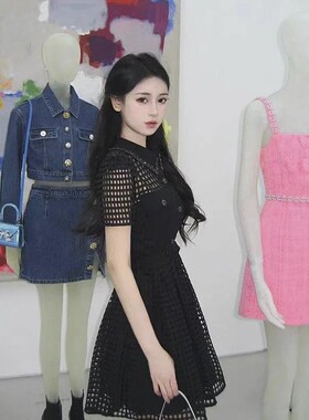 self-stride 2025新款法式黑色网格镂空收腰百搭气质显瘦连衣裙女