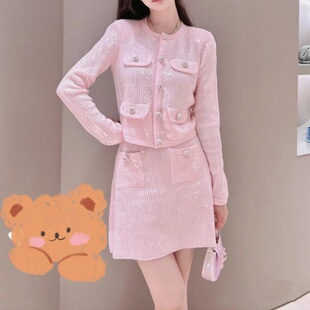 stride 高腰女装 2025新款 气质修身 粉色亮片小香风针织套装 self