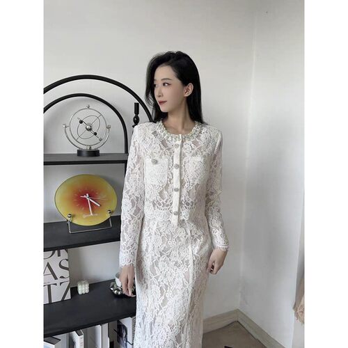 self-stride 2025蕾丝性感开衫上衣鱼尾半身长裙千金风名媛套装