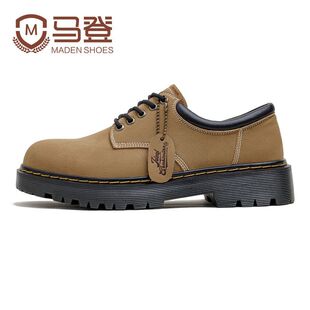 马登男鞋新款德比鞋男士休闲软底皮鞋厚底增高大头棕色复古工装鞋