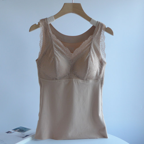 一体固定胸垫蕾丝保暖背心