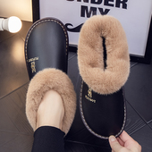 真皮棉拖鞋 带后跟女家居家保暖加厚加绒棉鞋 包跟男士 厚底防水冬季