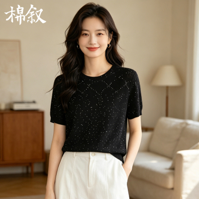 亚麻混纺毛织V领亮片短袖毛衣
