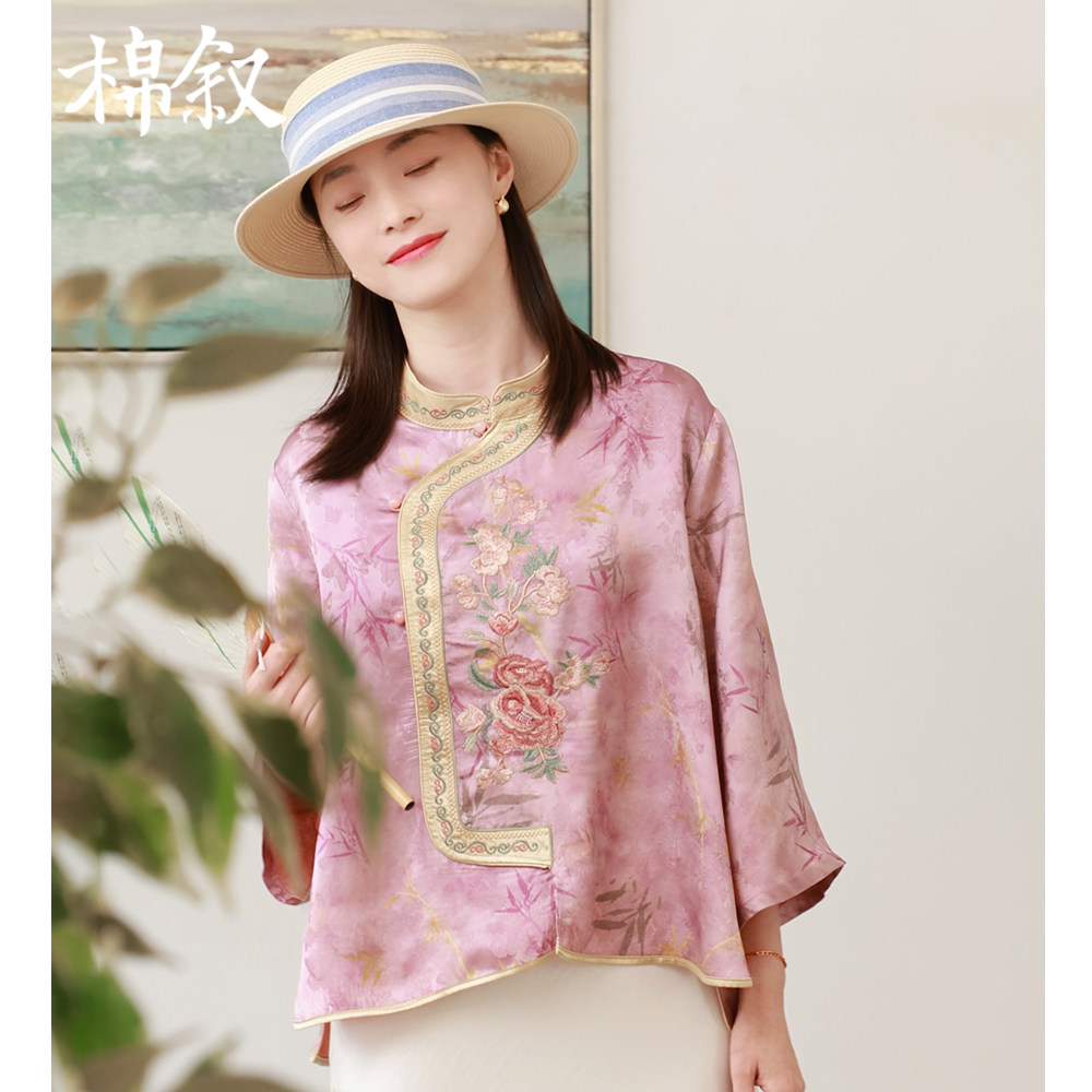 棉叙棉叙春夏新中式改良宽松衬衫七分袖国风提花上衣唐装女15565