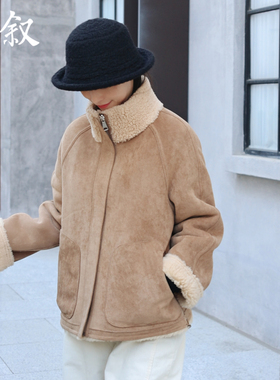 棉叙麂皮绒复合纯羊毛羊羔绒外套两面穿女士上衣冬装棉服15031