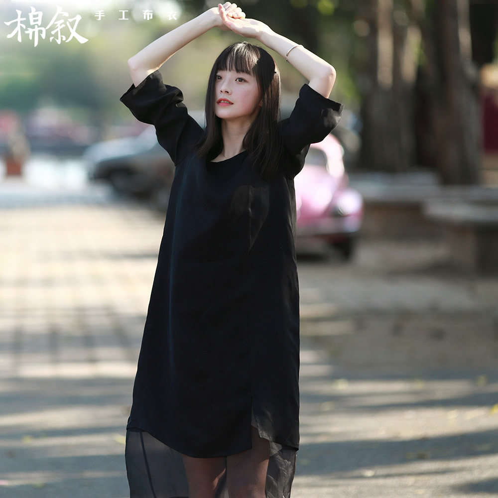 棉叙M8829 2018夏装新款文艺宽松七分袖连衣裙黑色铜氨丝袍子女