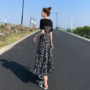 女高腰中長款 長裙子連衣裙夏裝 2022氣質(zhì)赫本風(fēng)短袖 新款 顯瘦碎花裙