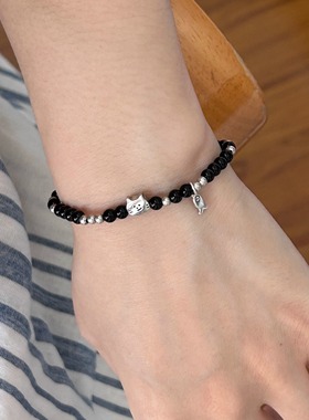 南西Handmade原创设计天然黑玛瑙猫猫手串s925纯银弹力手链送礼物