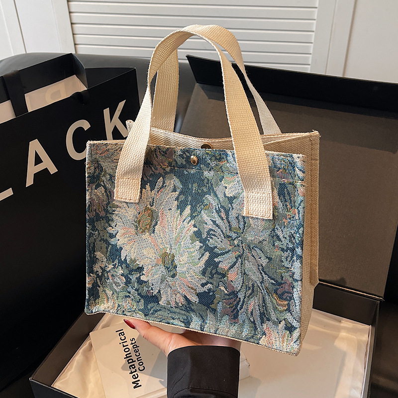 莫奈小清新棉麻刺绣包提花女士手提包2025手拎外出上班休闲手拎包