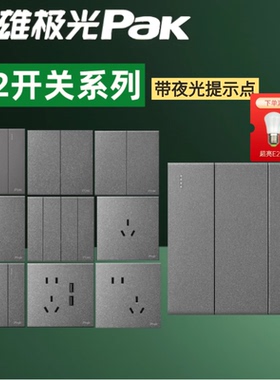 三雄极光开关插座面板C2灰色五孔家用墙壁明装暗装一开五孔带开关