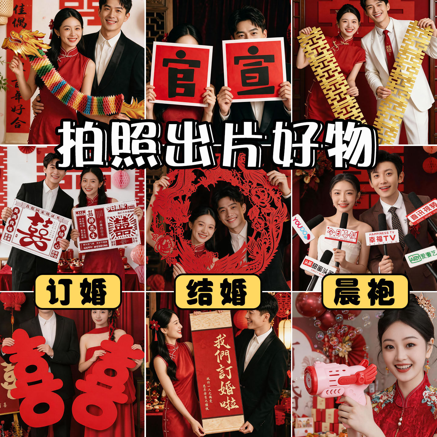 订婚大喜字手持拍照出片小道具结婚礼婚接亲女方新娘秀禾晨袍伴娘