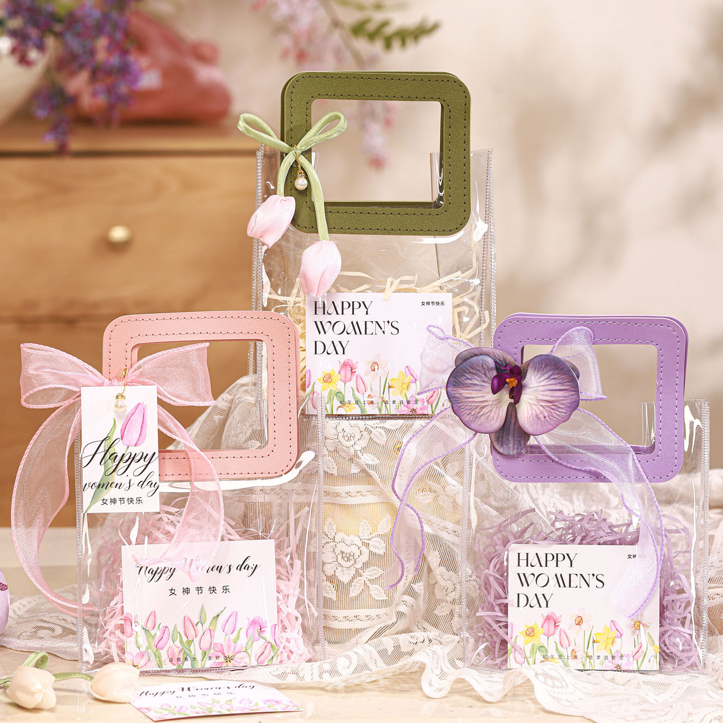三八女神节透明礼品袋手提大号伴手礼袋生日礼袋礼物礼盒包装小号