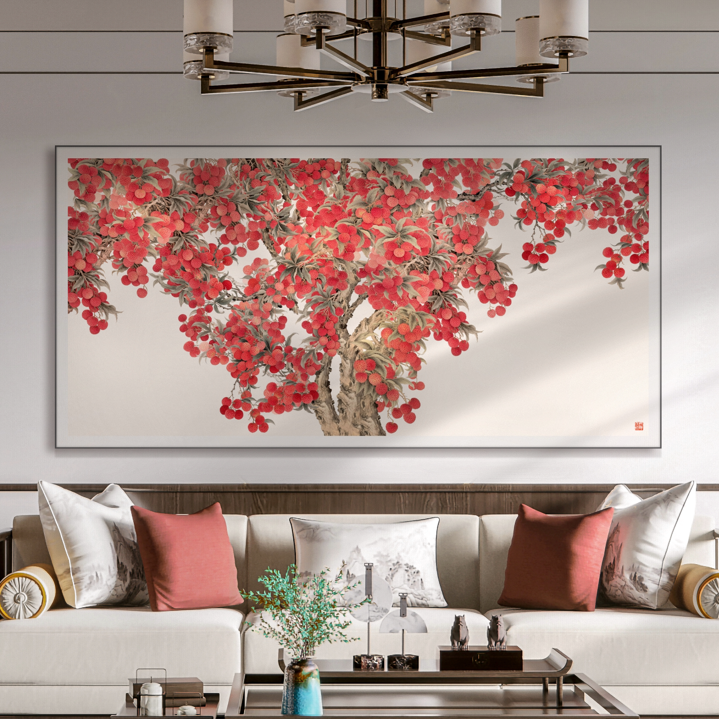 【吉荔图】新中式高端装饰画鎏金彩雕背景墙国风横幅金箔客厅挂画