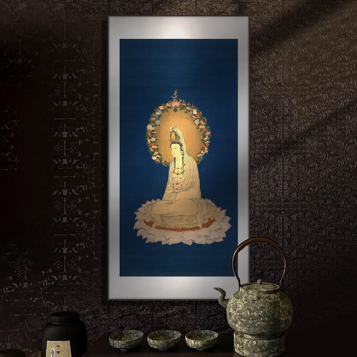 东方美学装饰画莲座大士像图玄关茶室书房新中式艺术感佛像挂画