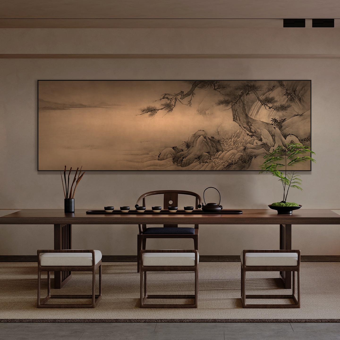 宋式美学鎏金彩雕客厅茶室装饰画