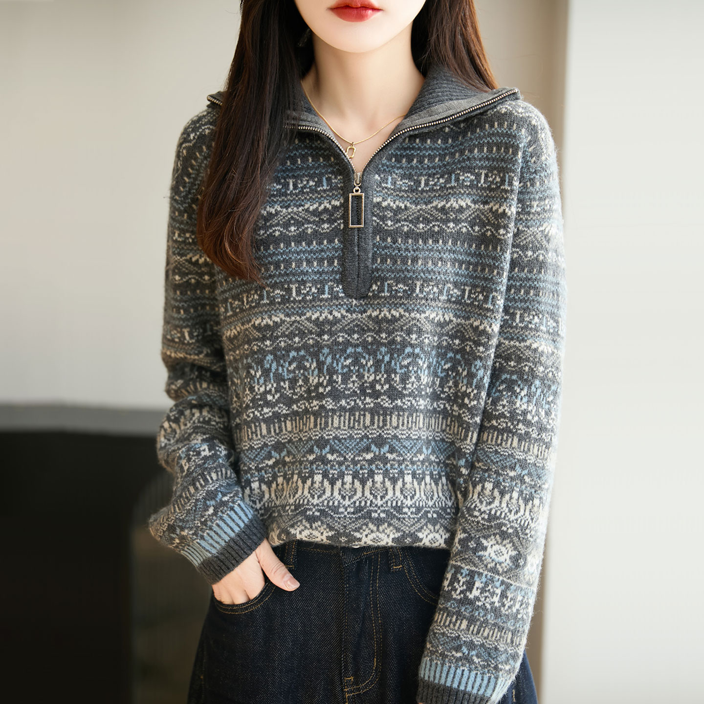 时尚新款半开领羊毛衫女羊毛