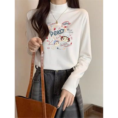 卡通印花磨毛德绒长袖t恤女打底衫秋冬半高领内搭小个子修身上衣