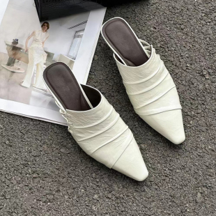 女鞋 英伦风羊皮真皮尖头细跟中跟包头拖鞋 9920 新款 美拉2026春夏季