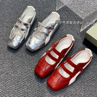 烟雨诗情2026年春季 英伦风牛皮真皮魔术贴方头浅口单鞋 女鞋 节新款