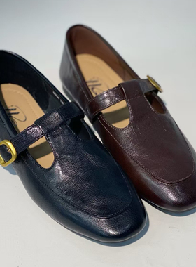 烟雨诗情女鞋真皮平底鞋2025春夏款英伦风牛皮一字扣带浅口女单鞋