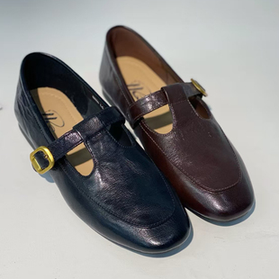 烟雨诗情女鞋 2025春夏款 英伦风牛皮一字扣带浅口女单鞋 真皮平底鞋