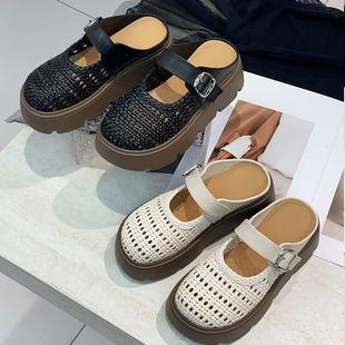 烟雨诗情2026年春夏季 舒适牛皮编织镂空透气厚底包头拖鞋 女鞋 新款