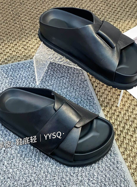 烟雨诗情女鞋厚底拖鞋2026夏季新款欧洲站松糕底羊皮一字拖女拖鞋