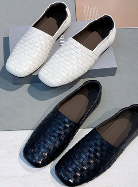 烟雨诗情2026春夏新款英伦风牛皮编织透气舒适一脚蹬浅口单鞋女鞋