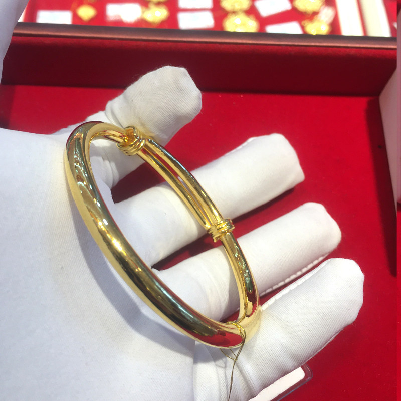 大人黄金镯子9999足金手镯光面车花推拉小孩宝宝婴儿脚镯