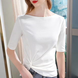 中袖t恤女装2023春夏新款气质一字肩棉体恤交叉褶皱收腰上衣假领
