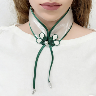 新中式国风旗袍领假领子女珍珠蝴蝶结装饰撞色缎面滚边淑女配饰