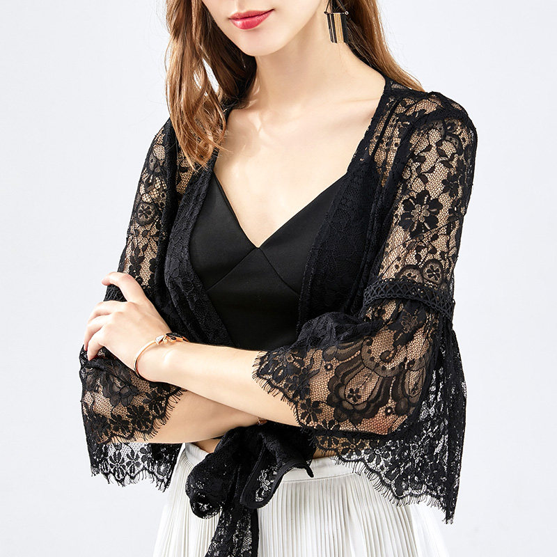蕾丝开衫女短款透视性感小披肩绑带罩衫沙滩上衣女外穿披肩女