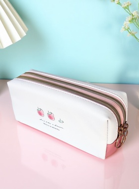 日系笔袋99creat小众复古草莓报纸ins高雅初中生高中生双层文具盒