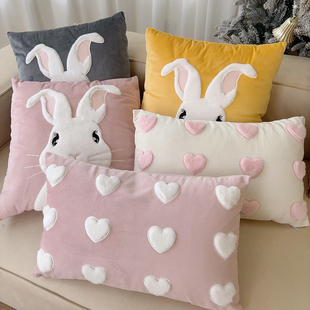 粉色毛绒兔子刺绣抱枕 公主风床头靠垫腰枕少女心靠枕套沙发抱枕