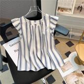 自留推荐 甜美风减龄遮肉宽松上衣女 背心衬衣夏季 款 竖条纹小飞袖