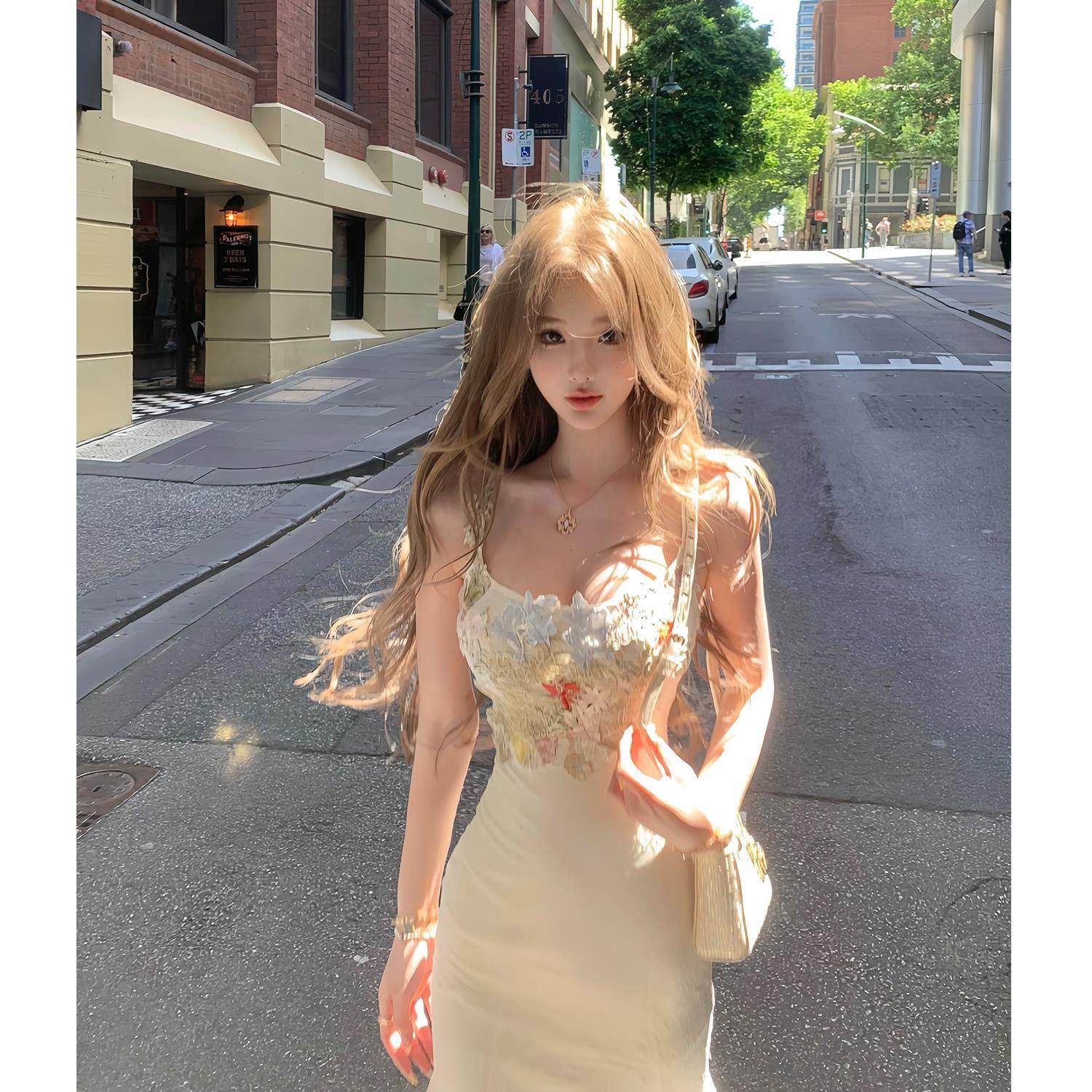 JMSHOP 鱼姬少女 花朵蕾丝网纱鱼尾连衣裙中长款修身包臀吊带裙