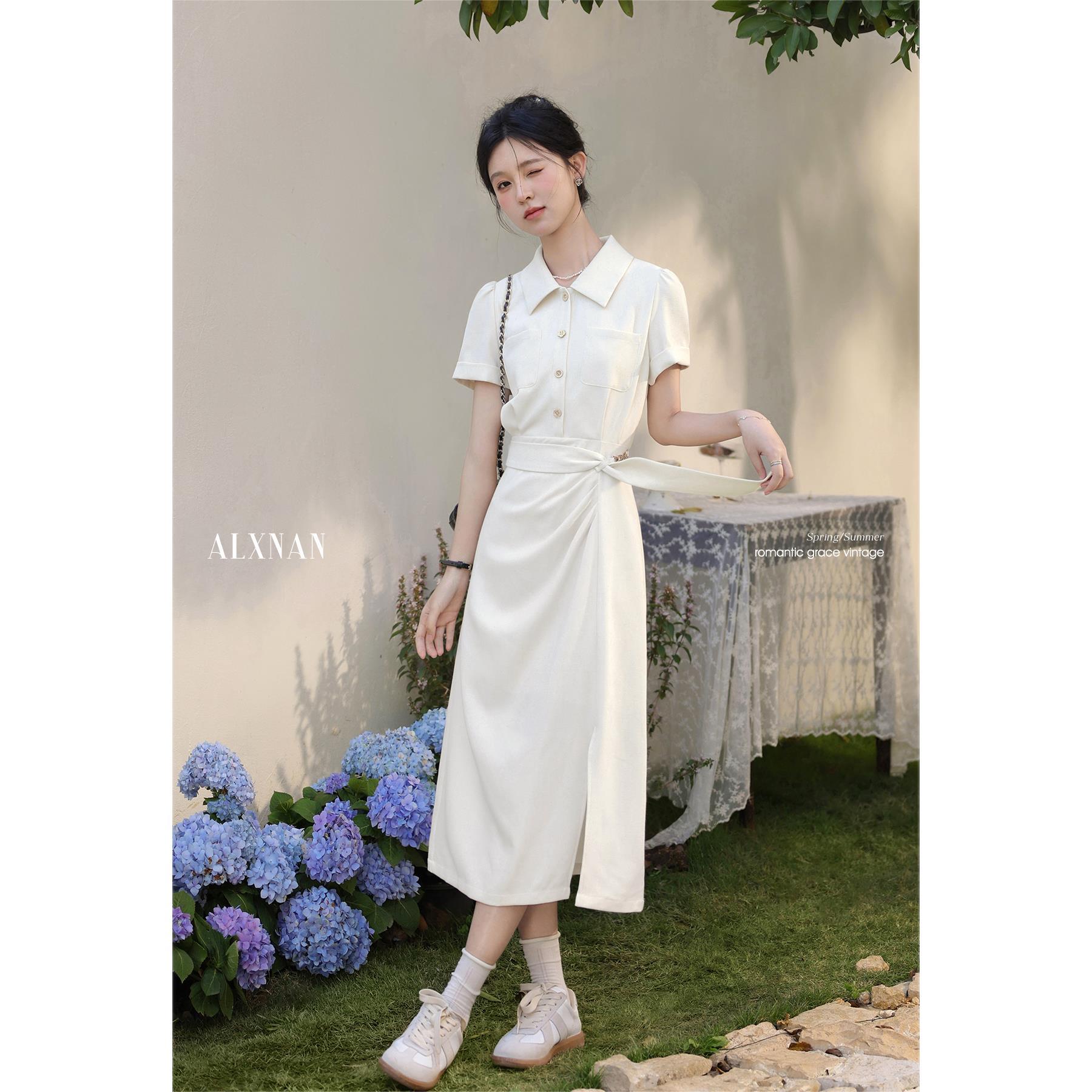 鹿向南「星河鹭起」法式polo领衬衫裙优雅杏色连衣裙女夏收腰裙子