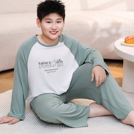 夏季胖童睡衣长袖加肥加大莫代尔男童女童空调服青少年薄款家居服