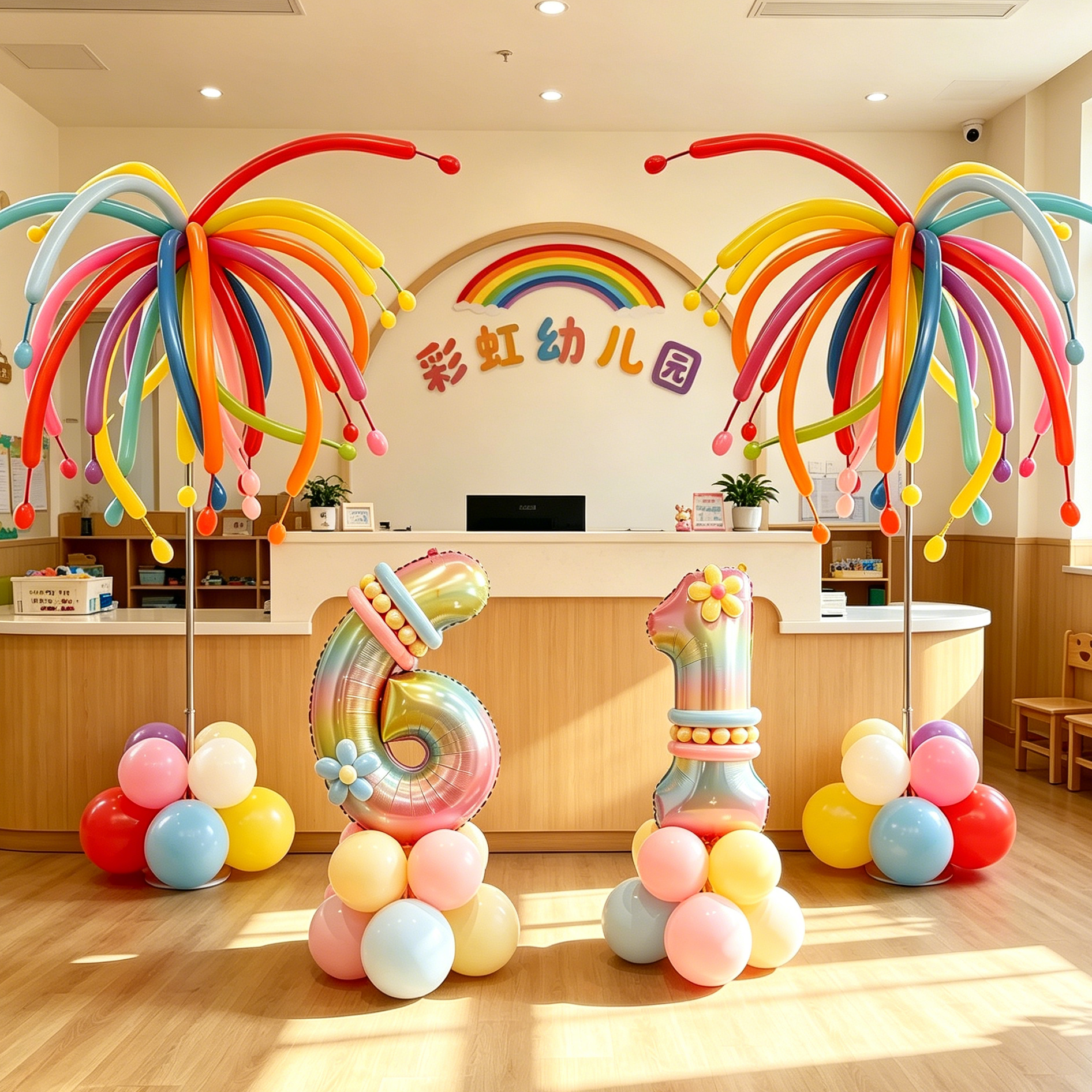六一儿童节教室布置多巴胺彩色烟花气球立柱幼儿园氛围场景装饰